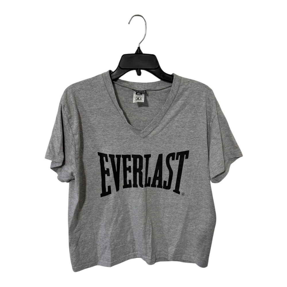 Everlast V-Neck T-Shirt Heather Gray Graphic Logo Short Sleeve One Size USA Made